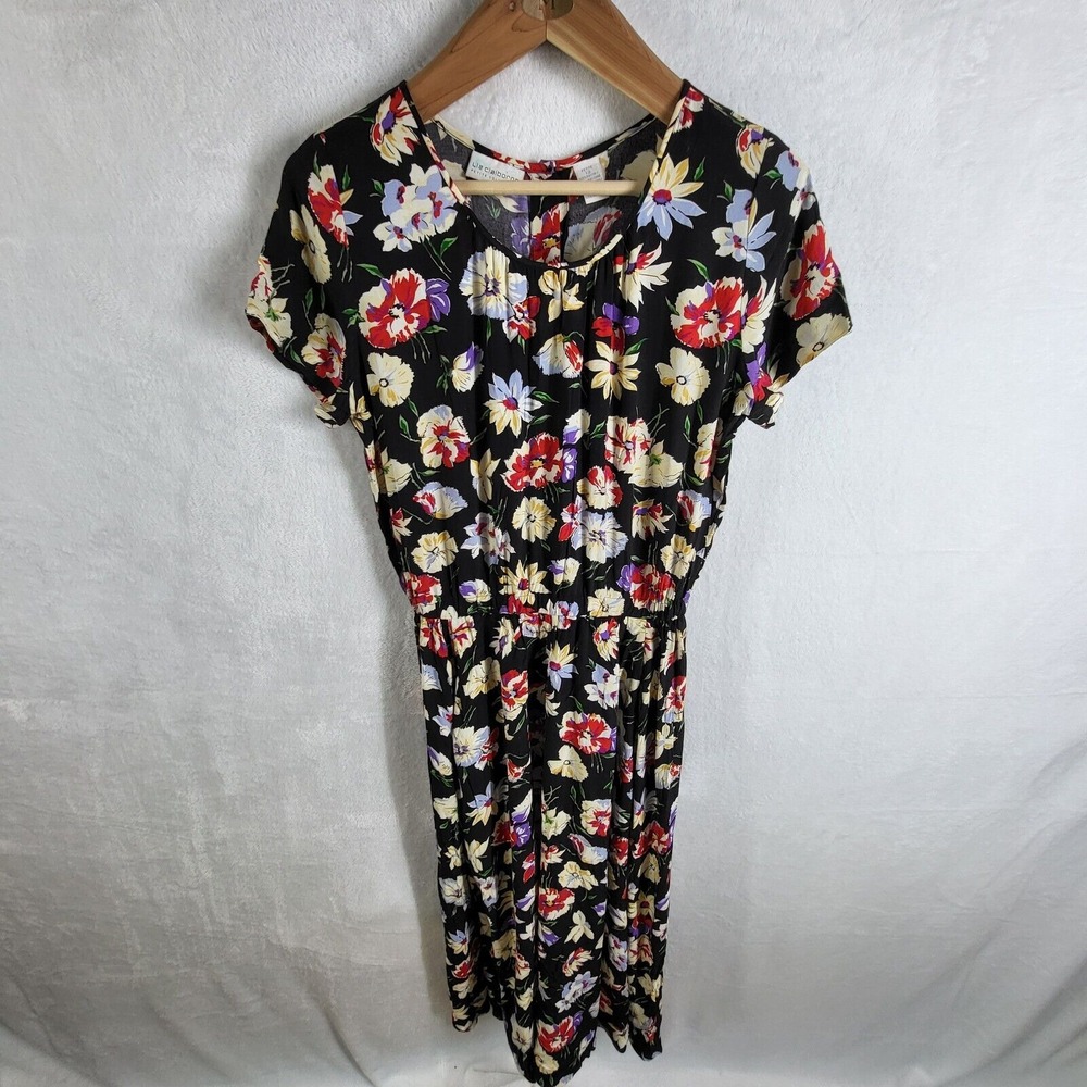 Vintage Liz Claiborne 80s‎ Dress womens Size 12P Multicolor Navy Floral Button
